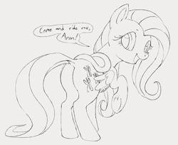 Size: 956x780 | Tagged: safe, artist:dotkwa, derpibooru import, fluttershy, pegasus, pony, butt, female, flutterbutt, grayscale, implied anon, looking at you, looking back, looking back at you, mare, monochrome, open mouth, open smile, rearing, saddle, sketch, smiling, solo, speech bubble, tack, underhoof