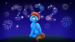 Size: 3840x2160 | Tagged: safe, artist:confetticakez, derpibooru import, oc, oc only, pegasus, pony, crying, fireworks, grass, looking up, night, sitting, solo, tears of joy