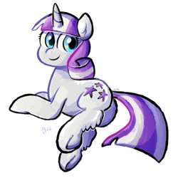 Size: 1024x1024 | Tagged: safe, artist:kukie, derpibooru exclusive, derpibooru import, twilight velvet, unicorn, blue eyes, butt, female, full body, hoof fluff, leg fluff, looking back, lying down, plot, prone, simple background, smiling, solo, tail, two toned mane, two toned tail, underhoof, white background