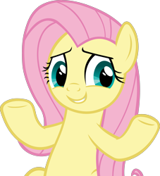 Size: 4671x5143 | Tagged: safe, artist:ironm17, derpibooru import, fluttershy, pegasus, pony, season 9, she talks to angel, absurd resolution, female, grin, mane, mare, pink mane, shrug, shrugpony, simple background, smiling, solo, teal eyes, transparent background, vector