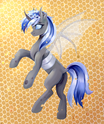 Size: 2701x3200 | Tagged: safe, artist:ske, derpibooru import, oc, oc only, bat pony, changeling, hybrid, original species, pony, food, honey, honeycomb, jewelry, solo, tiara