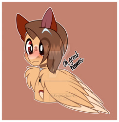 Size: 1280x1309 | Tagged: safe, artist:krypticquartz, derpibooru import, oc, oc only, pegasus, pony, blushing, brown background, bust, deviantart watermark, eye clipping through hair, eyebrows, eyebrows visible through hair, folded wings, obtrusive watermark, outline, pegasus oc, portrait, simple background, solo, watermark, white outline, wing fluff, wings