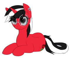 Size: 2000x1661 | Tagged: safe, derpibooru import, oc, oc only, oc:rosalia, pony, unicorn, 2022 community collab, derpibooru community collaboration, ear piercing, earring, female, glasses, horn, jewelry, lying down, mare, piercing, prone, simple background, smiling, solo, transparent background