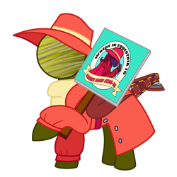 Size: 2048x2048 | Tagged: safe, artist:zoness, derpibooru import, oc, oc only, oc:zoness, original species, pony, 2022 community collab, carmen sandiego, clothes, derpibooru community collaboration, hat, high res, male, planet pony, pun, sign, simple background, sitting, solo, transparent background, trenchcoat, wings