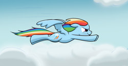Size: 4000x2080 | Tagged: safe, artist:trash anon, rainbow dash, pegasus, pony, cloud, cutie mark, determined, ears back, female, flying, sky, smiling, solo