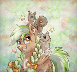 Size: 1165x1086 | Tagged: safe, artist:avui, oc, oc only, oc:sylvia evergreen, pegasus, pony, squirrel, bow, braid, cute, female, freckles, grin, hair bow, happy, heart, looking up, mare, smiling, twin braids