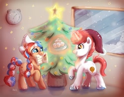 Size: 1200x943 | Tagged: safe, artist:avui, oc, oc:ember (hwcon), oc:stroopwafeltje, christmas, christmas tree, duo, dutch, hearth's warming con, hearth's warming eve, mascot, netherlands, ponycon holland
