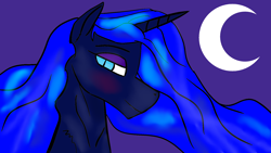 Size: 1920x1080 | Tagged: safe, artist:sc_orion, derpibooru import, nightmare moon, alicorn, pony, unicorn, blue coat, blue eyes, blue mane, blushing, bust, crescent moon, eyeshadow, female, looking at you, makeup, mare, moon, nicemare moon, night, portrait, purple background, purple eyeshadow, side view, simple background, slit eyes, smiling, smiling at you, solo