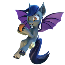 Size: 1920x1920 | Tagged: safe, artist:xppp1n, oc, oc:echo, bat pony, pony, 3d, bat pony oc, blender, blender cycles, fangs, female, flying, happy, holding, mango, mare, open mouth, simple background, smiling, solo, transparent background, unshorn fetlocks