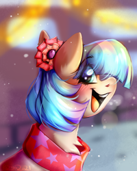 Size: 2036x2548 | Tagged: safe, artist:pozya1007, derpibooru import, coco pommel, earth pony, pony, breath, bust, cocobetes, cute, female, mare, portrait, smiling, snow, snowfall, solo