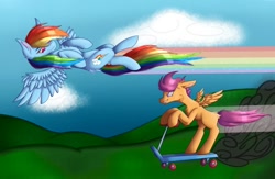 Size: 1294x844 | Tagged: safe, artist:gremlingraveyard, derpibooru import, rainbow dash, scootaloo, pegasus, pony, blank flank, duo, female, filly, flying, foal, grin, mare, racing, rainbow trail, scooter, smiling