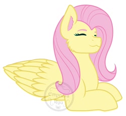 Size: 1300x1200 | Tagged: safe, artist:empress_ryu, derpibooru import, fluttershy, pegasus, pony, bust, cheek fluff, ear fluff, ears, eyes closed, female, folded wings, happy, lying down, mare, prone, request, requested art, simple background, smiling, solo, white background, wings