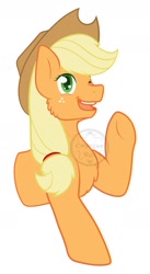 Size: 850x1550 | Tagged: safe, artist:empress_ryu, derpibooru import, applejack, earth pony, applejack's hat, clothes, cowboy hat, female, half body, hat, mare, one eye closed, signature, simple background, wave, waving, waving at you, white background, wink