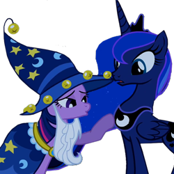 Size: 720x720 | Tagged: safe, derpibooru import, edit, edited screencap, editor:twilyisbestpone, screencap, princess luna, twilight sparkle, pony, luna eclipsed, season 2, background removed, duo, female, simple background, star swirl the bearded costume, transparent background