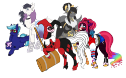 Size: 4603x2878 | Tagged: safe, artist:greenarsonist, artist:malinraf1615, artist:snows-undercover, derpibooru exclusive, derpibooru import, starlight glimmer, oc, oc only, oc:foxy, oc:gusty gale, oc:painted lilly, oc:strawberry quinn, oc:ziena, earth pony, pegasus, pony, unicorn, 2022 community collab, alternate hairstyle, baseball bat, beautiful, bedroom eyes, belt, bisexual pride flag, blushing, boots, bow, bracelet, chest fluff, choker, clothes, coat markings, cosplay, costume, dc comics, derpibooru community collaboration, dress, ear piercing, earring, eyes closed, eyeshadow, fancy, female, fishnets, freckles, gala dress, glasses, gloves, hair bow, hammer, harley quinn, high res, hoof shoes, jester, jewelry, lesbian, lipstick, makeup, male, mallet, mare, mask, multicolored hair, necklace, nonbinary, nonbinary pride flag, nose piercing, nose ring, oc x oc, piercing, plushie, pride, pride flag, raised hoof, raised leg, sandals, shipping, shirt, shoes, shorts, simple background, stallion, t-shirt, tail, tail seduce, tattoo, torn clothes, transparent background, unshorn fetlocks, wall of tags, wristband
