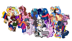 Size: 4004x2290 | Tagged: safe, artist:valkiria, derpibooru exclusive, derpibooru import, rainbow dash, oc, oc only, oc:allegro shine, oc:arepita, oc:clawdeen, oc:figjam outback, oc:gerald, oc:isabella blend, oc:jade harmony, oc:midnight, oc:n0kkun, oc:nightlight canvas, oc:opacity, oc:pink lumine, oc:qilala, oc:rain sunburst, oc:rainbow noir, oc:shallow win, oc:valencia vineyard, oc:zilco spices, alicorn, ferret, griffon, hengstwolf, hybrid, pegasus, pony, unicorn, werewolf, zebra, 2022 community collab, :p, alicorn oc, anklet, australia, badge, bandana, bisexual pride flag, blood, blushing, boots, bracelet, chest fluff, choker, clothes, coat, coat markings, colombia, console, controller, corset, derpibooru community collaboration, disguise, disguised siren, dress, ear fluff, ear piercing, earring, ears, eyes closed, face paint, fangs, female, flag, flats, flower, flower in hair, flustered, freckles, gaming, gay, glasses, gloves, griffon oc, grin, hairband, half-siren, hat, hijab, hoodie, hoof hold, hoof shoes, horn, hug, interspecies offspring, islam, jacket, jewelry, kiss on the cheek, kissing, leather jacket, lesbian, lesbian pride flag, magical lesbian spawn, malaysia, male, mare, monitor, mouth hold, multicolored hair, national flag, neck rings, necklace, oc x oc, offspring, one eye closed, open mouth, parent:adagio dazzle, parent:sunset shimmer, parents:sunsagio, patriotic, piercing, plushie, pride, pride flag, rainbow hair, raised hoof, raised leg, scar, scarf, shipping, shirt, shoes, shorts, siblings, simple background, sisters, sitting, skirt, smiling, socks, spiked choker, stallion, straight, striped socks, sunglasses, sweat, sweatdrop, tanktop, tongue, tongue out, transparent background, trio, unshorn fetlocks, venezuela, video game, wing hands, wings, wink, zebra oc