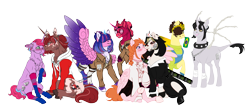 Size: 6762x3000 | Tagged: safe, artist:malinraf1615, artist:theartfox2468, derpibooru import, oc, oc only, oc:angel petals, oc:barnburner, oc:estella sparkle, oc:grimm fable, oc:jezza belle, oc:lilac, oc:sol shines, oc:venus red heart, alicorn, earth pony, human, pegasus, pony, unicorn, 2022 community collab, absurd resolution, alicorn oc, alternate hairstyle, anklet, attack on titan, bandage, bandana, bedroom eyes, belt, bisexual pride flag, blushing, bone, boots, brazil, can, canada, canadian, canadian flag, chess piece, chest fluff, choker, christianity, clothes, coat markings, cosplay, costume, crossover, crown, curved horn, deaf, derpibooru community collaboration, dress, ear piercing, earring, energy drink, eren jaeger, eye clipping through hair, eyebrows, eyebrows visible through hair, eyeshadow, face mask, fangs, female, fingerless gloves, flag, flustered, glasses, gloves, grim reaper, grin, hair over eyes, hair over one eye, hearing aid, heart eyes, hoodie, horn, jacket, jewelry, kissing, leg fluff, leonine tail, lesbian, lip piercing, lipstick, looking at each other, looking at someone, makeup, mare, mask, mismatched socks, monster energy, mouth hold, multicolored hair, necklace, nun outfit, nuzzling, oc x oc, offspring, one eye closed, open mouth, overalls, pants, parent:flash sentry, parent:twilight sparkle, parents:flashlight, piercing, playing card, plushie, pride, pride flag, raised hoof, raised leg, regalia, religion, shipping, shirt, shoes, shorts, simple background, sitting, size difference, skirt, smiling, socks, spiked choker, spread wings, stockings, striped socks, sweater, tail, thigh highs, transparent background, underhoof, unshorn fetlocks, wall of tags, wingding eyes, wings