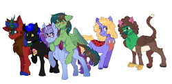 Size: 2016x980 | Tagged: safe, artist:valkiria, derpibooru exclusive, derpibooru import, fluttershy, oc, oc only, oc:bitzy berry, oc:frizz, oc:gusty longbow evergreen, oc:marquis majordome, oc:marquise soubrette, oc:scarlet havoc, oc:shadow spirits, oc:windy barebow evergreen, changedling, changeling, changepony, griffon, hybrid, kirin, pegasus, pony, unicorn, 2022 community collab, blushing, cat ears, changedling oc, changeling oc, chest fluff, derpibooru community collaboration, eyes closed, female, glasses, griffon oc, grin, kirin oc, looking at each other, looking at someone, male, mare, multicolored hair, one eye closed, plushie, ponies riding ponies, raised hoof, raised leg, riding, rule 63, simple background, smiling, stallion, trans male, transgender, transparent background, wall of tags, wink