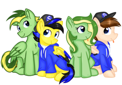Size: 1221x850 | Tagged: safe, artist:rainbow eevee, derpibooru import, oc, oc only, oc:boomerang beauty, oc:didgeree, oc:ponyseb, oc:ponyseb 2.0, oc:seb the pony, pegasus, pony, 2022 community collab, :p, blue eyes, clothes, colored wings, cute, derpibooru community collaboration, facial hair, female, folded wings, group, jacket, looking at each other, looking at someone, male, ponified, simple background, sitting, snapback, sweater, tongue, tongue out, transparent background, two toned mane, vector, wings