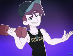 Size: 1280x987 | Tagged: safe, artist:felux, derpibooru import, dirk thistleweed, better together, equestria girls, arms, cap, clothes, hat, jewelry, male, muscles, necklace, sleeveless, smiling, smirk