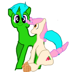 Size: 3856x3928 | Tagged: safe, artist:joeydr, derpibooru import, oc, oc only, oc:green byte, oc:vanillaberry swirl, earth pony, food pony, original species, pony, unicorn, 2022 community collab, crappy art, derpibooru community collaboration, duo, earth pony oc, food, high res, horn, male, ponified, simple background, sitting, smiling, stallion, transparent background, unicorn oc