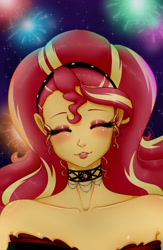 Size: 1300x2000 | Tagged: safe, artist:albertbm, derpibooru import, sunset shimmer, equestria girls, alternate hairstyle, bare shoulders, choker, clothes, cutie mark on clothes, eyes closed, eyeshadow, female, fireworks, grin, happy new year, holiday, lipstick, makeup, smiling, solo