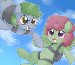 Size: 1522x1308 | Tagged: safe, artist:ginmaruxx, derpibooru import, oc, oc only, oc:software patch, oc:windcatcher, earth pony, pegasus, commission, earth pony oc, falling, glasses, holding hooves, parachute, pegasus oc, skeb commission, skydiving, windpatch