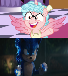 Size: 1920x2160 | Tagged: safe, derpibooru import, edit, edited screencap, screencap, cozy glow, alicorn, hedgehog, pony, season 9, the ending of the end, alicornified, comparison, cozycorn, race swap, sonic movie 2020, sonic the hedgehog, sonic the hedgehog (series), sonic the hedgehog 2