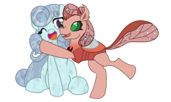 Size: 2000x1200 | Tagged: safe, artist:brownie-bytes, derpibooru import, oc, oc only, oc:cacicus, oc:looking glass, changedling, changeling, crystal pony, 2022 community collab, changedling oc, changeling oc, crystal pony oc, derpibooru community collaboration, duo, hug, simple background, transparent background