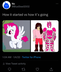 Size: 1170x1373 | Tagged: safe, artist:theinfinitypower487, derpibooru import, oc, oc:heart magic, alicorn, human, anti-brony, armor, barely pony related, boots, clothes, female, glasses, gloves, god is dead, helmet, how it all started vs how it's going, meme, meta, op is a cuck, op is trying to start shit, shoes, twitter, twitter link, why, you have become the very thing you swore to destroy