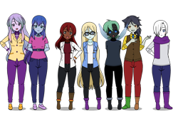 Size: 800x600 | Tagged: safe, artist:sarahfaded510, derpibooru import, discord, double diamond, princess celestia, princess luna, principal celestia, thorax, vice principal luna, oc, human, equestria girls, belt, boots, caption, clothes, double diamond rain boots, female, high heel boots, humanized, jeans, kisekae, pants, scarf, shirt, shoes, simple background, sweater, text, transparent background, vest