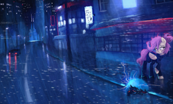 Size: 2259x1356 | Tagged: safe, artist:menalia, derpibooru import, fluttershy, pegasus, pony, aesthetics, alternate design, alternate hairstyle, bus stop, car, city, clothes, cyberpunk, electricity, error, female, glitch, gun, head turned, hoodie, looking at something, looking down, mare, neon, outdoors, pants, rain, raised hoof, raised leg, scared, shoes, skyscraper, solo, street, weapon, wings