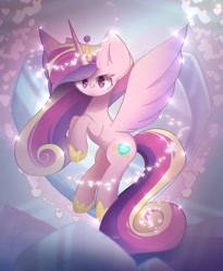 Size: 1800x2200 | Tagged: safe, artist:miryelis, derpibooru import, princess cadance, alicorn, pony, crown, crystal, crystal heart, cute, flying, full body, heart, jewelry, looking at you, regalia, smiling, smiling at you, solo, sparkles, wings