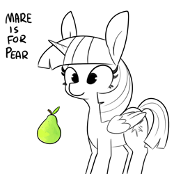 Size: 1440x1440 | Tagged: safe, artist:tjpones, derpibooru import, twilight sparkle, twilight sparkle (alicorn), alicorn, pony, black and white, female, food, grayscale, mare, monochrome, partial color, pear, simple background, solo, white background