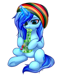 Size: 2287x2890 | Tagged: safe, artist:megabait, derpibooru import, oc, oc:spacelight, pony, drugs, hat, simple background, smoking, solo, spacelight unicorn, transparent background