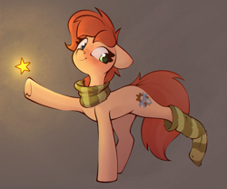 Size: 1286x1071 | Tagged: safe, artist:rexyseven, derpibooru import, oc, oc only, oc:rusty gears, earth pony, pony, clothes, female, mare, scarf, sock, socks, solo, stars, striped socks, underhoof