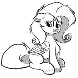 Size: 826x826 | Tagged: safe, artist:binkyt11, derpibooru exclusive, derpibooru import, fluttershy, pegasus, pony, aside glance, chest fluff, ears, female, floppy ears, folded wings, lineart, looking at you, mare, messy mane, missing cutie mark, monochrome, simple background, sitting, smiling, solo, three quarter view, white background, wings