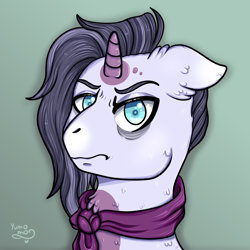 Size: 2000x2000 | Tagged: safe, artist:yumomochan, derpibooru import, oc, unicorn, angry, bags under eyes, bust, clothes, commission, grumpy, male, scarf, stallion