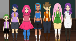 Size: 1209x661 | Tagged: safe, artist:roseprincessmitia, derpibooru import, applejack, fluttershy, pinkie pie, rainbow dash, rarity, spike, twilight sparkle, human, anime, belly button, clothes, dress, elf ears, hair over one eye, humanized, kisekae, looking at you, mane seven, mane six, midriff, sandals, shorts, skirt, smiling, smiling at you, socks, striped socks, vest