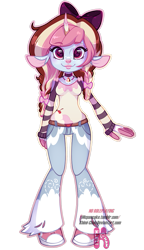 Size: 539x935 | Tagged: safe, artist:khimi-chan, derpibooru import, oc, oc only, oc:neigh-apolitan, anthro, cow, cow pony, hybrid, base used, bow, clothes, female, hair bow, pants, shoes, simple background, smiling, solo, transparent background
