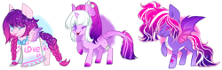 Size: 1650x520 | Tagged: safe, artist:kyannepopys, derpibooru import, oc, oc only, bat pony, pegasus, pony, unicorn, base used, bat pony oc, braid, braided tail, cloak, clothes, ethereal mane, one eye closed, pegasus oc, raised hoof, raised leg, simple background, smiling, starry mane, tail, transparent background, wings, wink