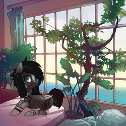 Size: 1000x1000 | Tagged: safe, artist:nazori, derpibooru import, oc, oc only, pegasus, pony, commission, female, indoors, lying down, mare, pegasus oc, prone, smiling, solo, tree, wings, ych result