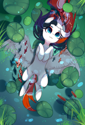 Size: 1300x1900 | Tagged: safe, alternate version, artist:nazori, derpibooru import, oc, oc only, fish, pegasus, pony, alternate character, commission, featureless crotch, lilypad, lying down, on back, outdoors, pegasus oc, pond, reed, solo, spread wings, water, wings, ych result