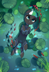 Size: 1300x1900 | Tagged: safe, alternate version, artist:nazori, derpibooru import, oc, oc only, earth pony, fish, pony, alternate character, commission, earth pony oc, featureless crotch, lilypad, lying down, on back, outdoors, pond, reed, solo, water, ych result