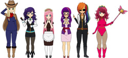 Size: 700x316 | Tagged: safe, artist:roseprincessmitia, derpibooru import, applejack, fluttershy, pinkie pie, rainbow dash, rarity, twilight sparkle, human, boots, cardcaptor sakura, clothes, humanized, kisekae, maid, mane six, shoes, simple background, staff, suit, sunglasses, white background