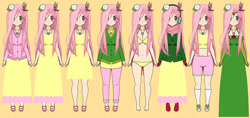 Size: 700x330 | Tagged: safe, artist:roseprincessmitia, derpibooru import, fluttershy, human, bra, breasts, clothes, dress, earmuffs, evening gloves, female, flower, flower in hair, gloves, hootershy, humanized, jacket, jewelry, kisekae, long gloves, necklace, panties, scarf, simple background, solo, sweater, underwear, yellow background