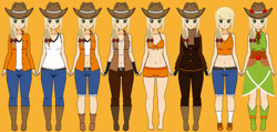 Size: 700x333 | Tagged: safe, artist:roseprincessmitia, derpibooru import, applejack, human, boots, breasts, clothes, cowboy boots, dress, female, high heel boots, humanized, kisekae, shoes, shorts, solo