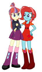 Size: 1024x1751 | Tagged: safe, artist:mixiepie, derpibooru import, moondancer, oc, oc:charming heart, equestria girls, boots, comfort, comforting, duo, duo female, equestria girls-ified, female, high heel boots, shoes, simple background, teary eyes, transparent background