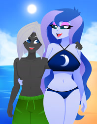 Size: 1589x2013 | Tagged: safe, artist:xan-gelx, derpibooru import, princess luna, vice principal luna, oc, oc:night quill, human, equestria girls, age difference, arm behind back, beach, bikini, bikini bottom, bikini top, breasts, canon x oc, clothes, cougar, couple, curvy, eyelashes, eyeshadow, female, halter top, height difference, holding, hourglass figure, humanized, larger female, lips, luill, makeup, midriff, princess balloona, size difference, swimming trunks, swimsuit, thighs, thong swimsuit, wide hips