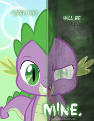 Size: 2158x2780 | Tagged: safe, artist:tehjadeh, derpibooru import, spike, dragon, 2012, dual personality, greed, high res, male, mine!, poster, solo, spikezilla, two sided posters